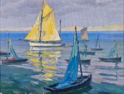 peinture représentant des voiliers sur l'eau, avec le ciel en arrière-plan