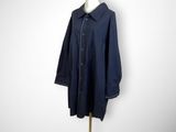 navy blue shirt dress with red hat on mannequin base