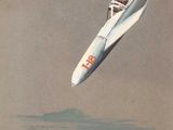 un tableau représentant un avion survolant un bateau sur l'eau