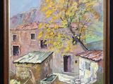 une peinture à l'huile représentant une maison devant laquelle se trouve un bateau