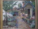 un tableau représentant une femme assise à une table dans un jardin