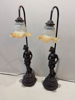 pair of antique bronze table lamps with glass lampshads