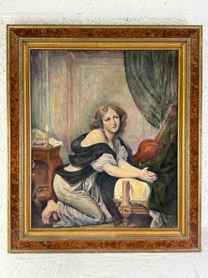painting of a woman sitting on a chair in front of a window