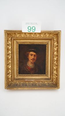 portrait of a man in a gold frame with a number 99