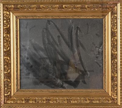 painting of a bat in a gold frame with a black background