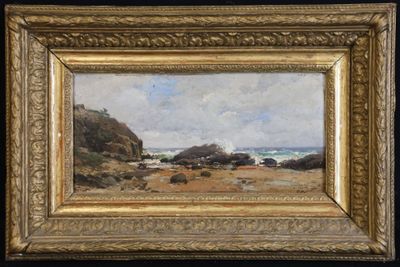 an oil painting of a beach scene with rocks and water