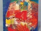 abstract painting of a woman with a red coat and a red purse