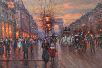 tableau représentant un tableau où l'on voit des gens marcher dans une rue de la ville au crépuscule