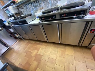 a view of a commercial kitchen with stainless steel appliances