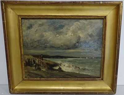 an oil painting of a beach scene with people on the shore