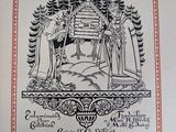 an old book with a drawing of a man and woman in a cabin