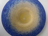 a blue and yellow plate on the wall next to a vase