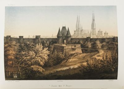 une vieille photo d'une ville avec un château en arrière-plan