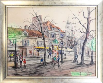 tableau représentant une scène de rue en ville avec des passants marchant sur le trottoir