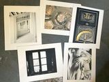 several black and white photographs of a woman and a clock on a table