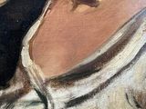 an oil painting of a woman in a white dress with a pearl necklace