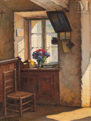 a painting of a room with a window and a chair