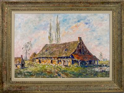 an oil painting of a farm scene with a barn in the background
