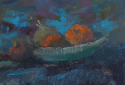 a painting of a bowl of fruit on a table