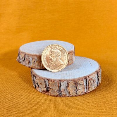 two slices of wood with a coin on top of them