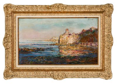 une peinture à l'huile représentant une vue de plage avec un château en arrière-plan
