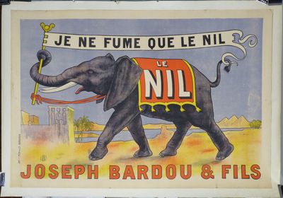tableau représentant un éléphant tenant une banderole sur laquelle on peut lire « Je ne fume que le Nil »