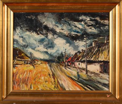 une image représentant un tableau d'une route de campagne, dans un cadre doré