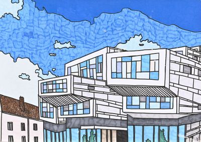 un dessin représentant un bâtiment avec de nombreuses fenêtres