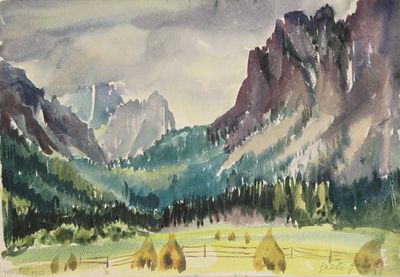tableau représentant une vue sur une chaîne de montagnes avec une clôture et des balles de foin