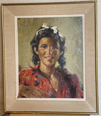 tableau représentant une femme en robe rouge, avec une fleur blanche dans les cheveux