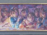 une peinture représentant un groupe de personnes assises à une table