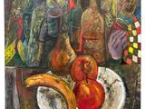 a painting of a plate of fruit and a banana