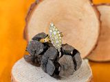 un gros plan d'une bague posée sur un morceau de bois, sur une table