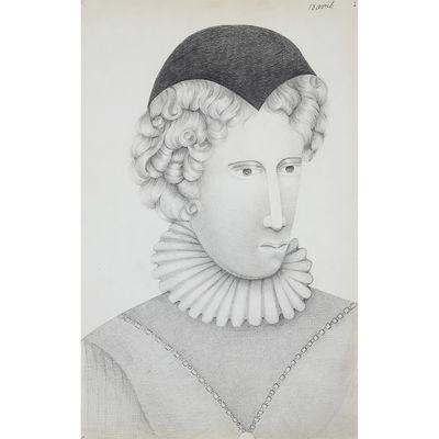 a drawing of a woman with a black hat and a necklace