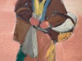 a painting of a man with a hat and a bag