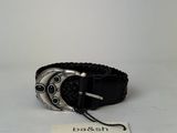 black braided leather bracelet with a silver buckle on a white background