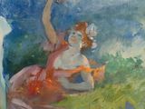a painting of a woman sitting on the ground with a mirror