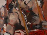 an oil painting of two men with spears and a drum