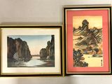 deux tableaux représentant des montagnes et une rivière, dans un cadre doré