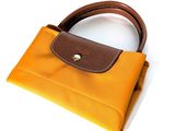 un petit sac à main avec une anse marron sur un fond blanc