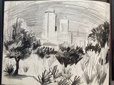 drawing of a cityscape with trees and bushes in the foreground