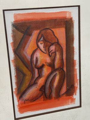 painting of a woman sitting on the ground in front of a wall