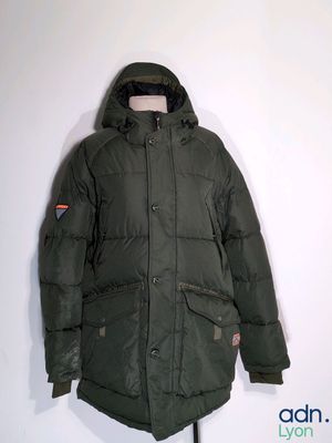 an image of a green parka with a hood on a mannequin stand