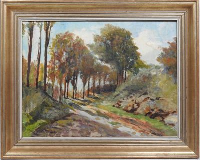 une peinture à l'huile représentant un chemin de terre avec des arbres en arrière-plan