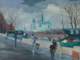 painting of people walking along a river with boats and a church in the background