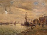 une peinture représentant une scène portuaire avec des bateaux sur l'eau