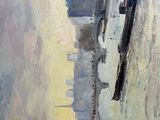 a painting of a person walking down a street