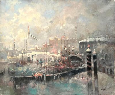 a painting of a boat in the water near a pier
