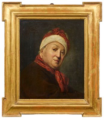 portrait d'une vieille femme portant un foulard rouge, encadré d'un cadre doré