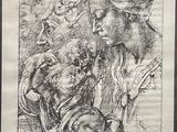 a black and white drawing of a group of people in a forest